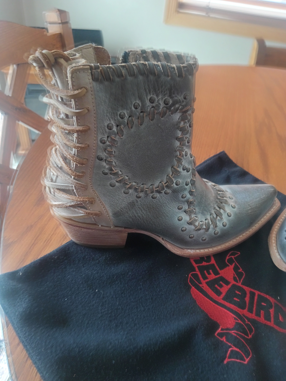 Freebird by Steven Blue ,Grey Leather Studded Ankle Bootie with Lace-Up Back